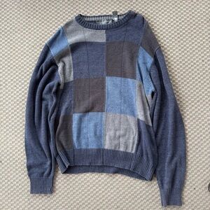 Vintage 90s oscar de la renta blue patchwork pattern knit sweater